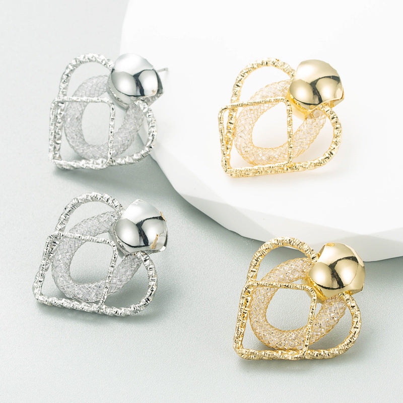 Personalized Design Geometric Mesh Pocket Rhinestone Series Earrings Women's Alloy Diamond Trend All-Match Earrings