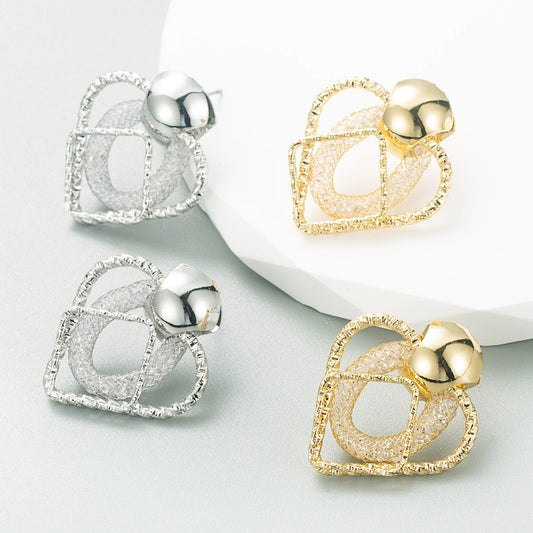 Personalized Design Geometric Mesh Pocket Rhinestone Series Earrings Women's Alloy Diamond Trend All-Match Earrings