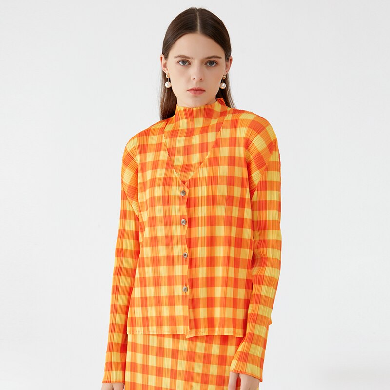 Pleated Orange Plaid Cropped Blazer Sets Winter Women 3 Piece Skirt Suits Elegant Aesthetic Clothes