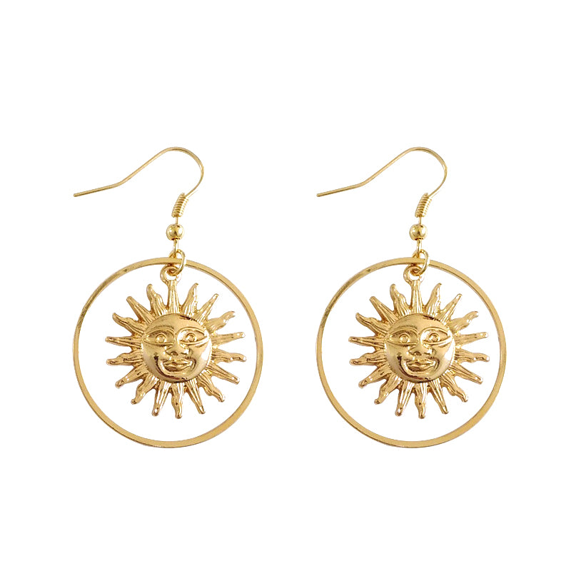 Handmade Gold Sun Apollo Helios Drop Earrings Geometric Loop Sun Face Dangle Earrings for Women