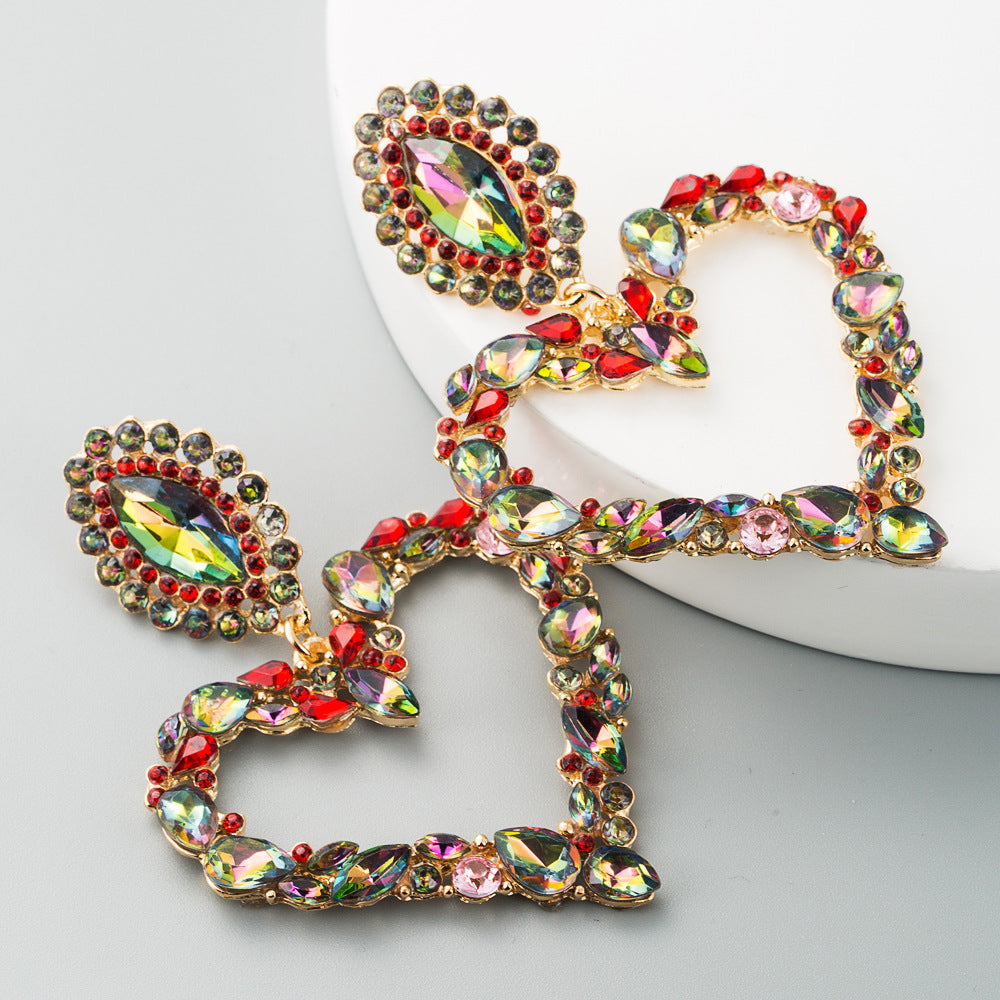 Heart-Shaped Alloy Set Rhinestone Red Earrings Exaggerated Earrings Women's Full Diamond Earrings