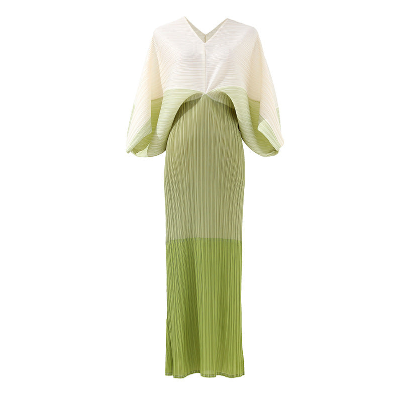 Elegant Pleated Dress For Women V-neck Batwing Sleeves Contrast Color Patchwork Dresses Female Clothes
