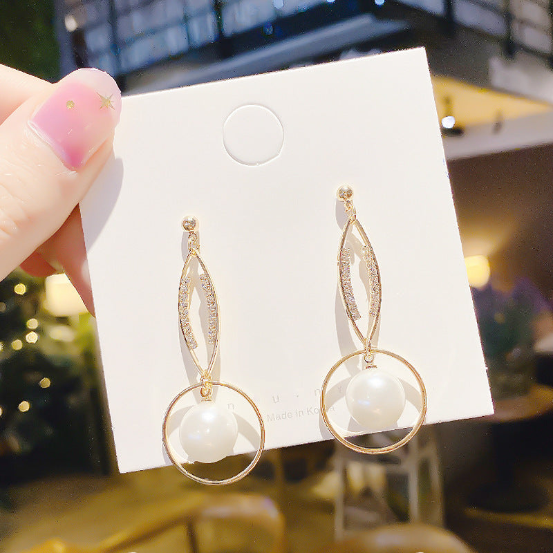 925 Silver Needle High-Quality Pearl Earrings Female Korean Temperament Long Geometric Earrings Fashion Exaggerated Earrings