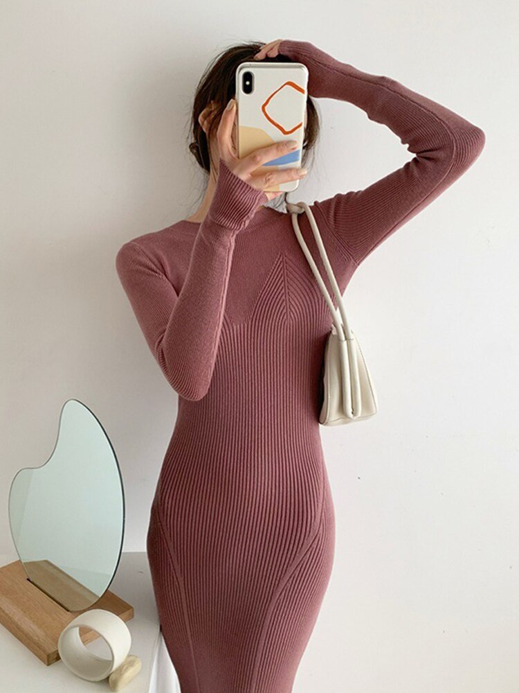 Women Fashion Simple Slim Dress Long Sleeve Solid O-Neck Woman Knitted Dress Autumn Vintage Mid-Calf Skinny Dress