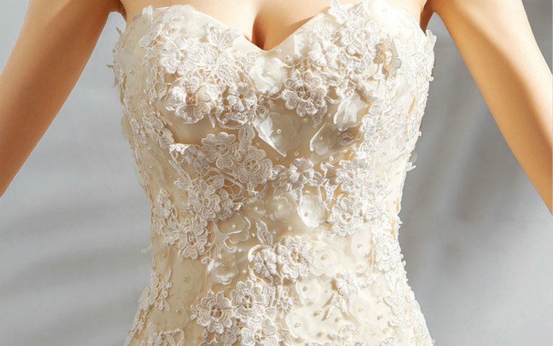 Romantic Light Champagne Mermaid Wedding Dress Sweetheart Lace Flower Fishtail Wedding