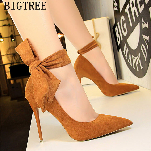 dress shoes women stiletto moccasin bigtree shoes Butterfly knot new arrival 2019 green shoes for women luxury high heels buty