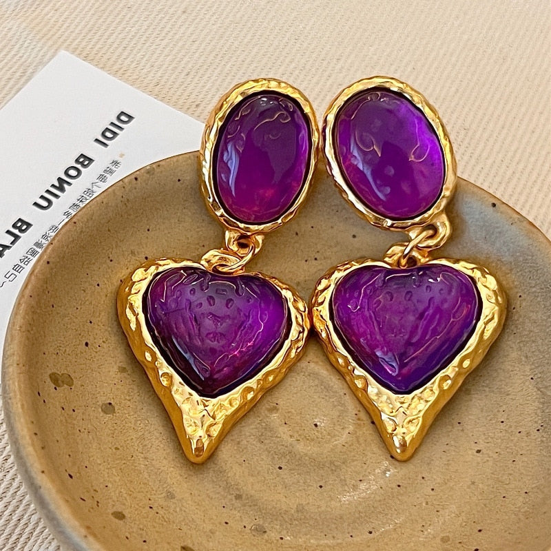 Medieval French Court Style Purple Heart Earrings Female Vintage Concave convex Texture Earrings Premium Earrings Fashion