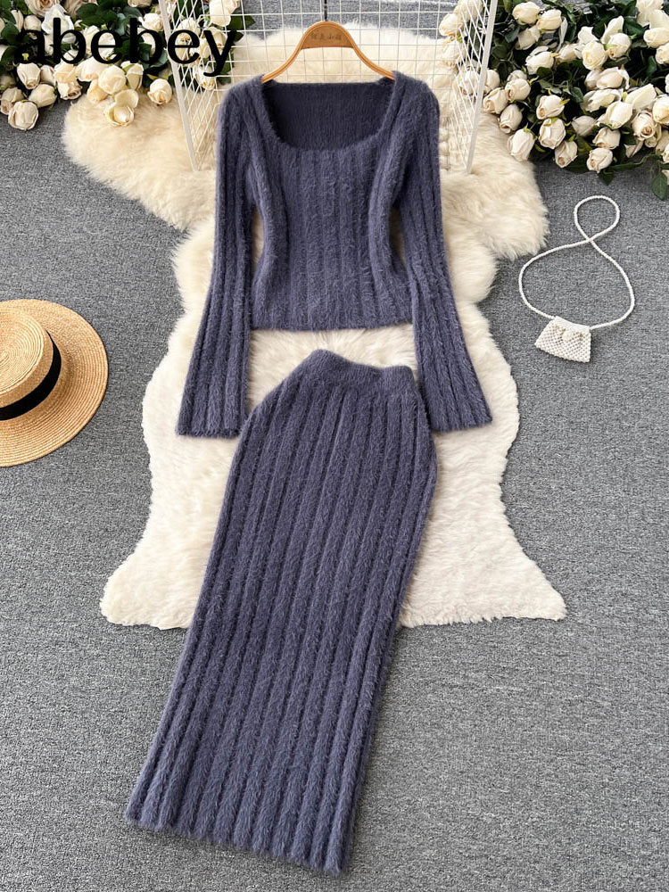 Women Gentle Knitted Two Pieces Suits Soft Sweater Short Top+High Waist Midi Long Skirt Suits Elastic Slim Winter Sets