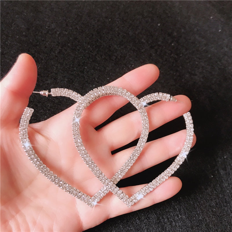 Fashion Big Heart Crystal Hoop Earrings for Women Bijoux Geometric Rhinestones Earrings Statement Jewelry Gifts