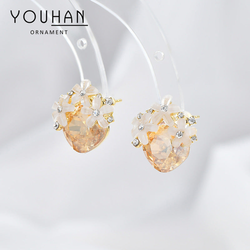 New Trendy Temperament Earrings Female S925 Silver Needle Early Spring Crystal Petal Earrings Personality Retro Style Earrings