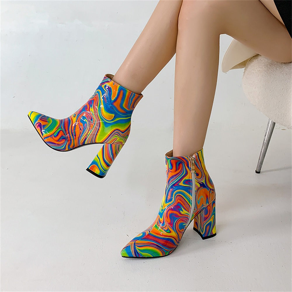 mix color women's ankle boots fashion trend pointed toe super chunky high heel side zipper chelsea boots
