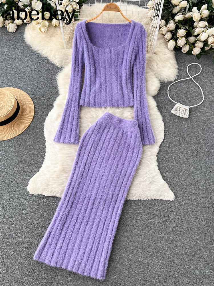 Women Gentle Knitted Two Pieces Suits Soft Sweater Short Top+High Waist Midi Long Skirt Suits Elastic Slim Winter Sets