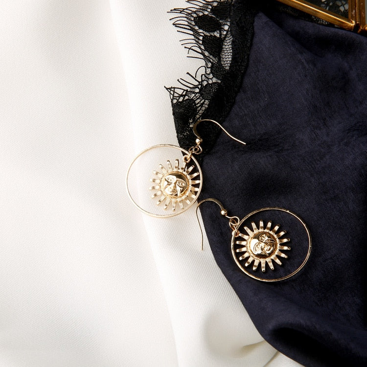 Handmade Gold Sun Apollo Helios Drop Earrings Geometric Loop Sun Face Dangle Earrings for Women