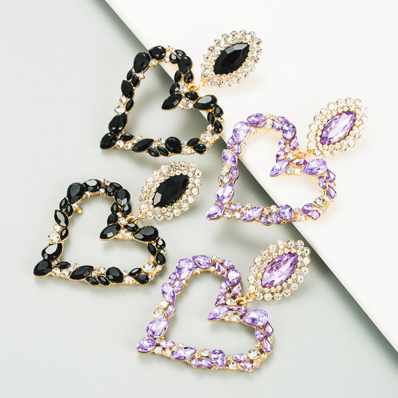 Heart-Shaped Alloy Set Rhinestone Red Earrings Exaggerated Earrings Women's Full Diamond Earrings