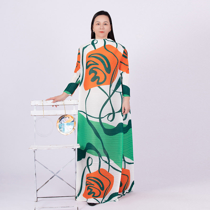 Graffiti Print Pleated Dress Women's Stand Collar Long Sleeves Loose Dresses Fashion Female Clothes