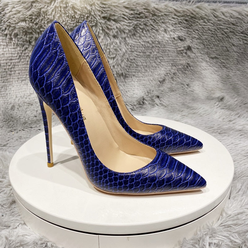 Navy Blue Crocodile Effect Pattern Women Sext Pointy Toe High Heel Shoes Chic Ladies Slip On Stiletto Pumps