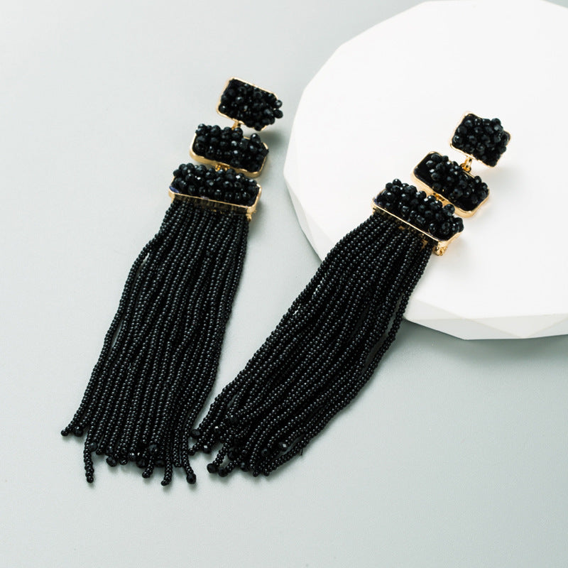 Exaggerated Earrings Female Trend Bohemian Style Rice Bead Earrings Long Temperament Earrings