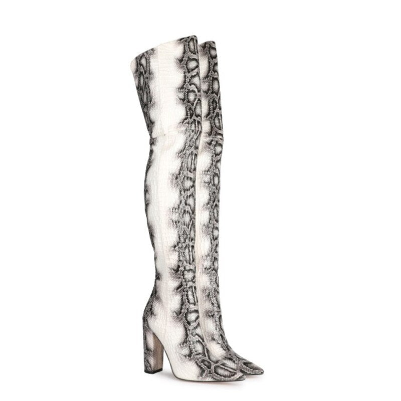 White Boots Women 11Cm Thick High Heel Snakeskin Boots Fashion Special Leather Winter Shoe Over The Knee Boots Stone Snake Print