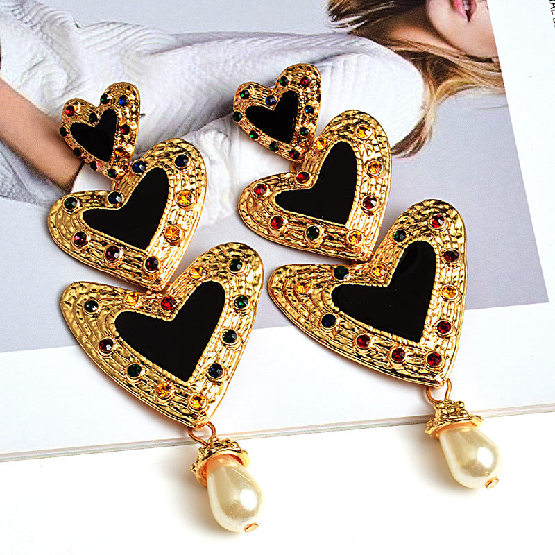 Fashion Earrings Metal Diamond Heart Pearl Earrings Jewelry