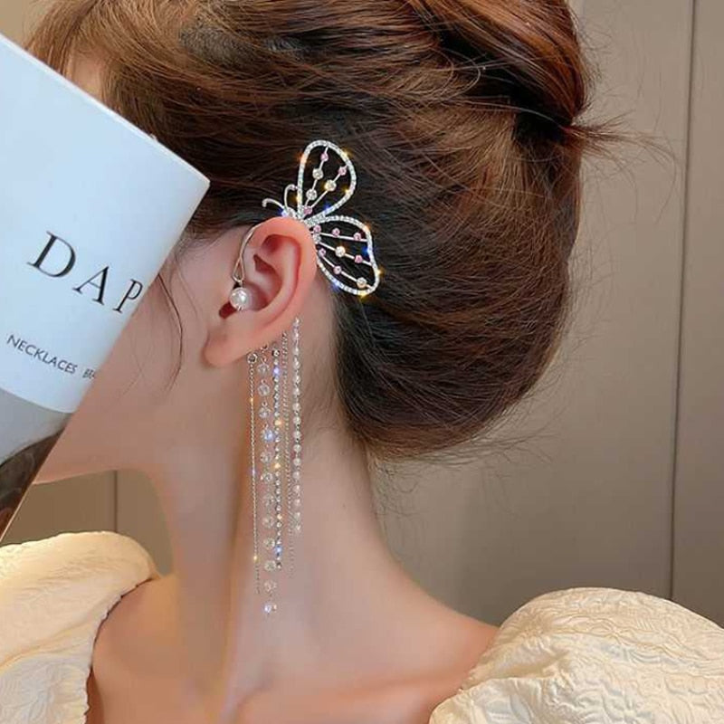 One Piece Korean Long Tassel Earrings Girls No Ear Piercing Full Pearl Big Clip Earrings For Women Gift Jewelry Ear Cuff