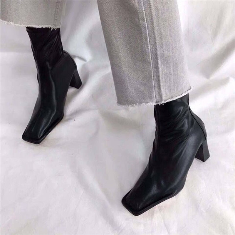 Yellow Square Toe Women Ankle Boots Chunky High Heel Elastic Boot Female Slim Fit Sock Boots Fashion