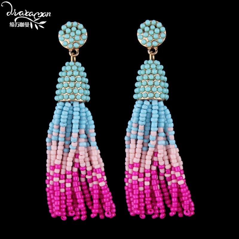 Dvacaman Brand  Layers Colorful Beads Tassel Fringes Earrings Women Boho Ethnic Long Drop Dangle Earrings Party Jewelry