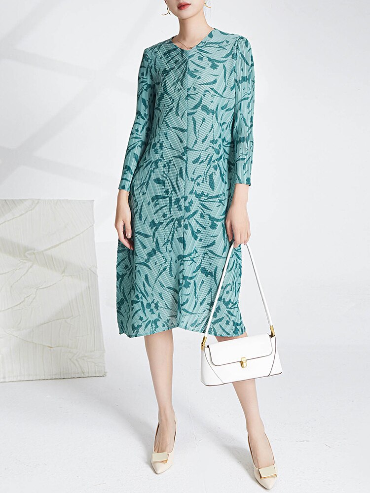 Printed Pleated Dress For Women V-neck Long Sleeves Spliced A-line Dresses Female Clothing