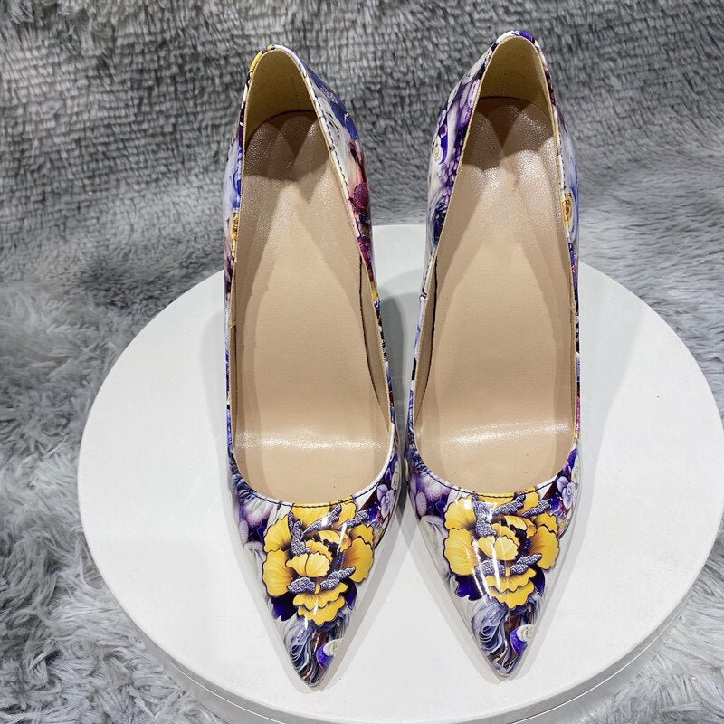 Veowalk Flowers Paiting Print Women Glossy Pointy Toe Stiletto Pumps Chic Designer Ladies Slip On High Heel Shoes for Party