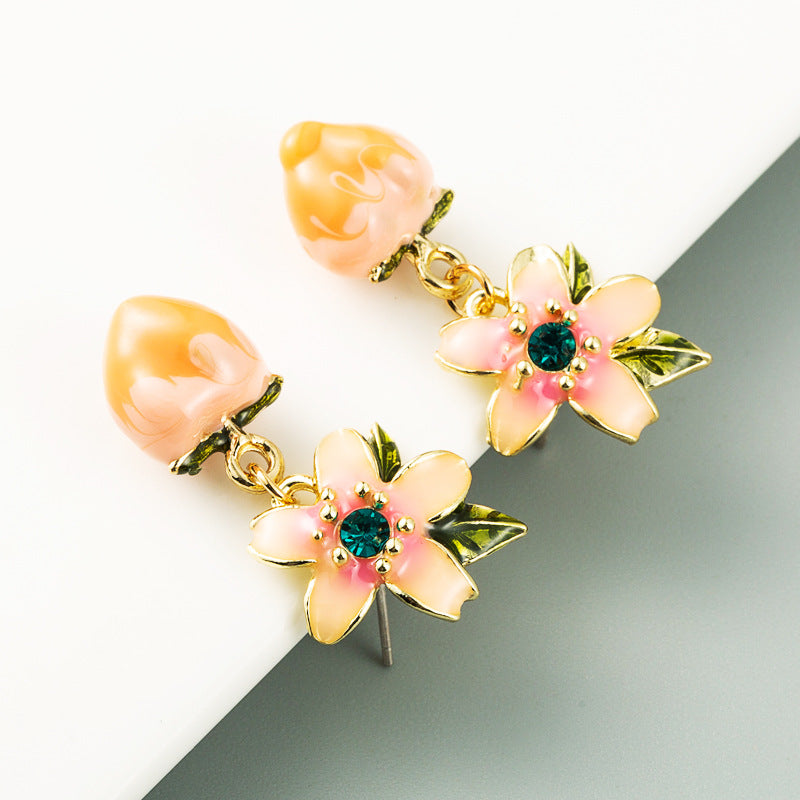 Peach Earrings Female New Net Red With The Same Korean Version Sweet And Cute Peach S925 Flower Temperament Earrings