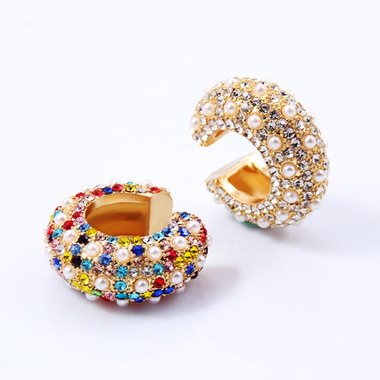 Color diamond studded non pierced ear clip metal rainbow C-type national style ear bone clip retro Pearl Earrings female