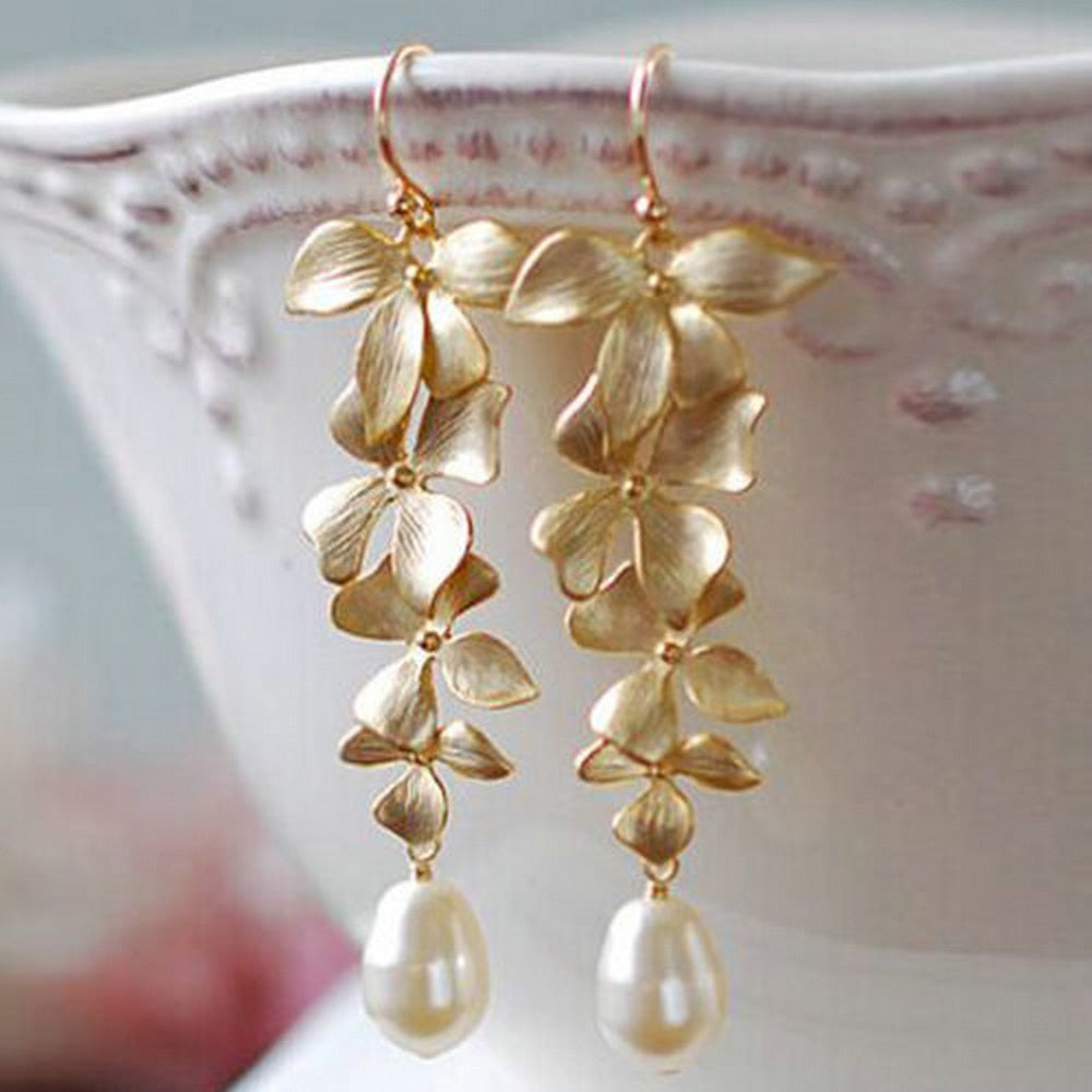 Women Lady Gold Orchid Matte Flower Pendant Long Dangle Hook Earrings Jewelry Gift