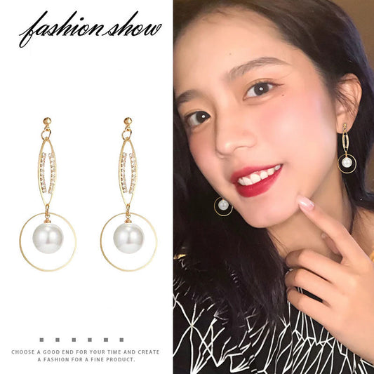 925 Silver Needle High-Quality Pearl Earrings Female Korean Temperament Long Geometric Earrings Fashion Exaggerated Earrings