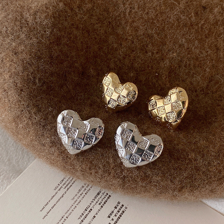 Checkerboard Gold Heart Earrings Female Niche Personality Simple All-Match Temperament Earrings