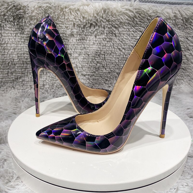 Tikicup Geometry Print Women Glossy Patent Pointed Toe High Heel Party Shoes 8cm 10cm 12cm Designer Ladies Stiletto Pumps