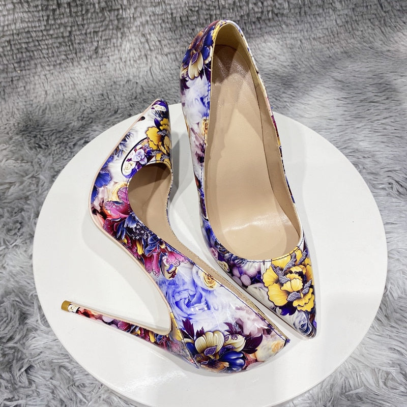 Veowalk Flowers Paiting Print Women Glossy Pointy Toe Stiletto Pumps Chic Designer Ladies Slip On High Heel Shoes for Party