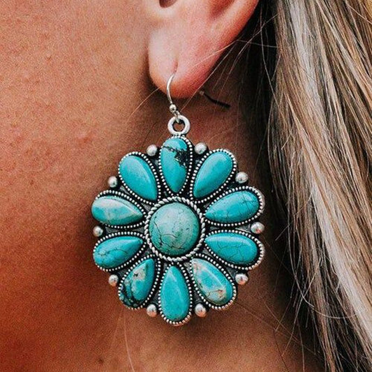 European and American Retro Ethnic Style Inlaid Turquoise Water Drop Alloy Earrings Exaggerated Personality Flower Earrings