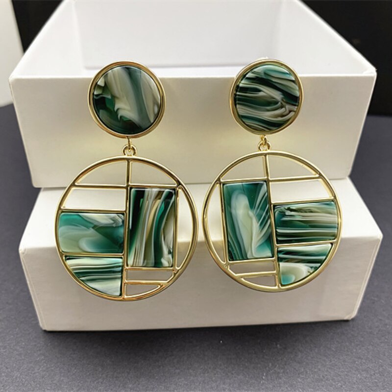 High sense of retro green geometric stitching earrings female niche design sense of atmospheric exaggerated earrings new