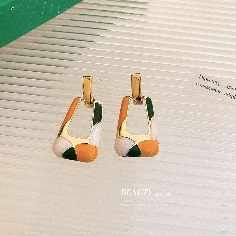 Minar Trapezoid Colorful Enamel Earring for Women Hollow Geometric Long Dangle Earrings Korean Style Party Jewelry