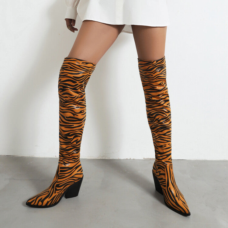 Womens Pointed Toe Over The Knee Thigh Boots Chunky High Heel Tiger Pattern Mixed Colors Long Shoes Plus Size New