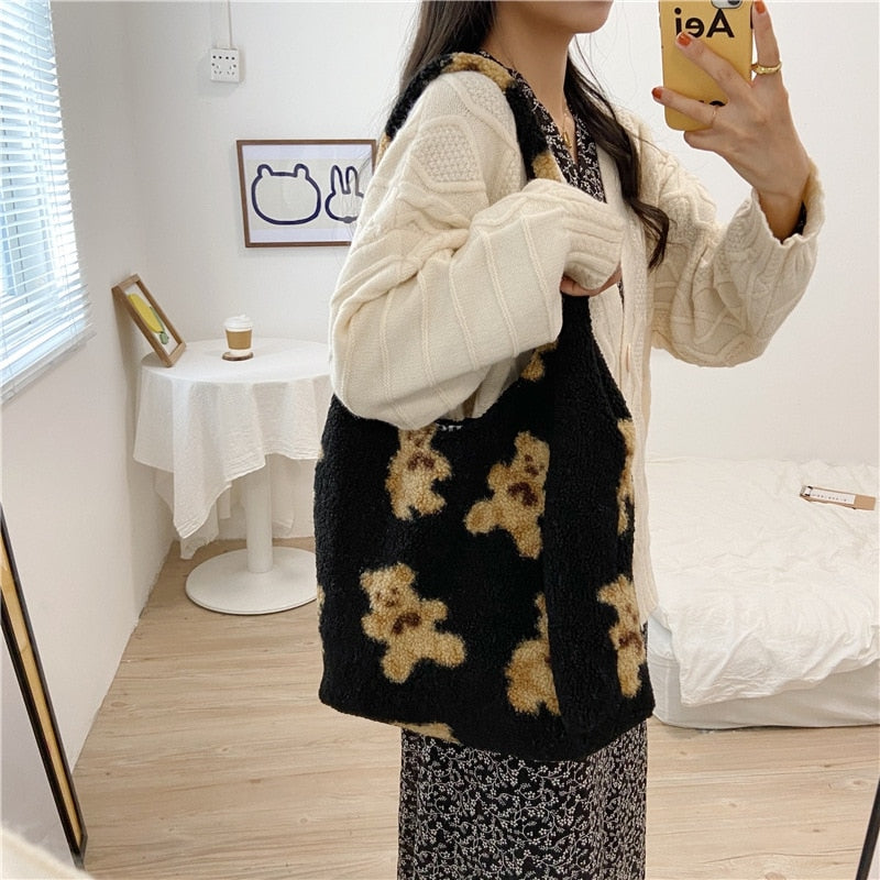 Women Lamb Like Fabric Shoulder Tote Bag Canvas Fluffy Fur Bear Handbags Large Capacity Soft Shopping Bags Girls Cute School Bag