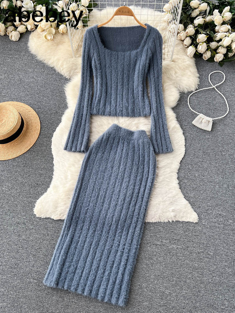 Women Gentle Knitted Two Pieces Suits Soft Sweater Short Top+High Waist Midi Long Skirt Suits Elastic Slim Winter Sets