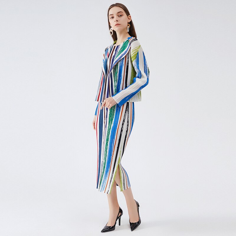 Pleated Striped Print Long Dress Jacket Two Piece Sets Korean Fashion Women Formal Dress Suits