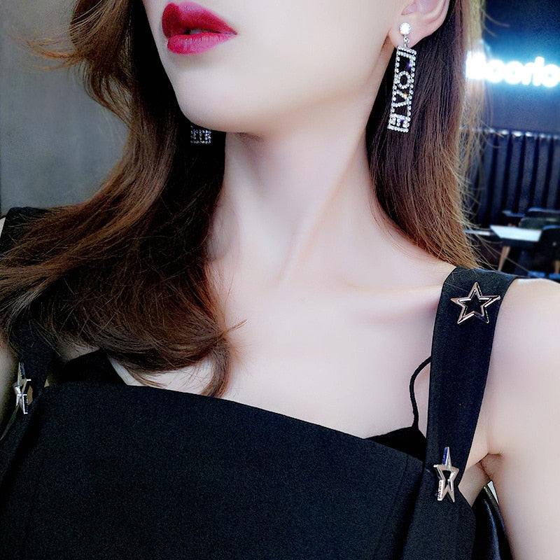 LOVE Letter Big Crystal Drop Earrings Gold Silver Color Rhinestone Dangle Earrings for Women Wedding Party Jewelry