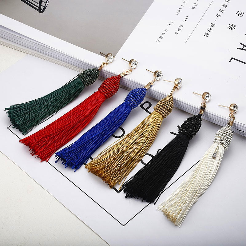 New Bohemian Gold Color Tassel Long Earrings brinco many colors Silk Hanging Earrings For Women Jewelry Dangle Earring