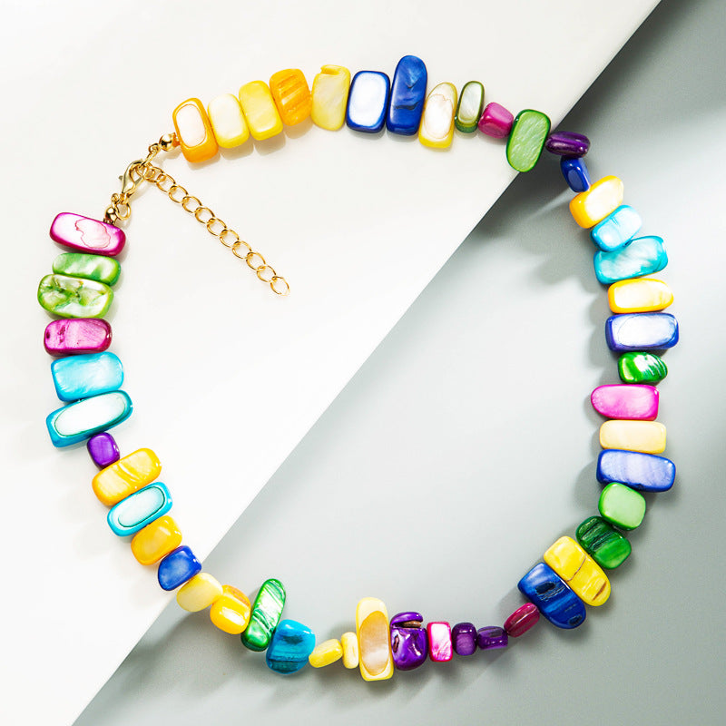 Retro Ethnic Style Personality Geometric Colorful Dyed Shell Hand-Beaded Necklace Necklace Accessories