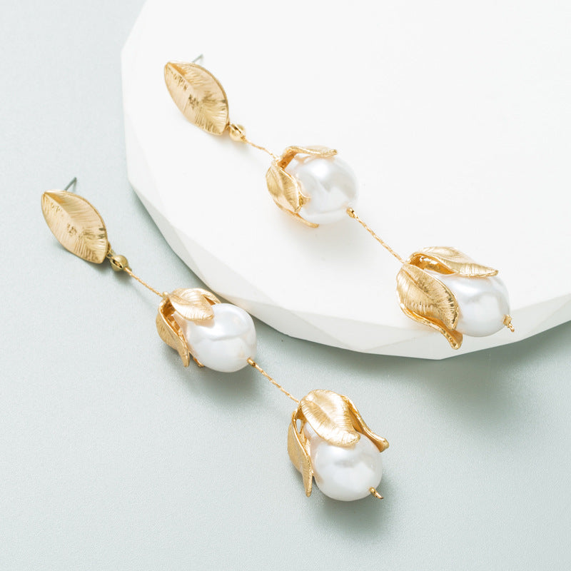 ZA Same Style Simple Artistic Temperament Artificial Pearl Petal Shaped Earrings Long Women's Dress Decorative Earrings