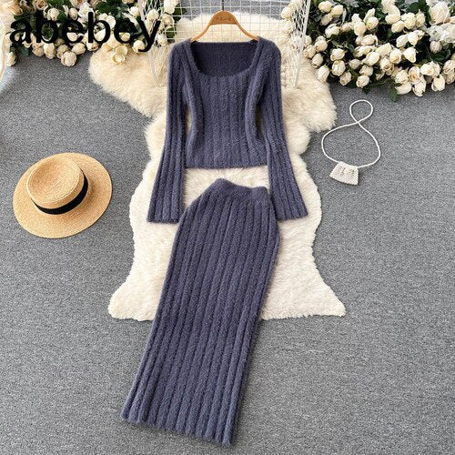 Women Gentle Knitted Two Pieces Suits Soft Sweater Short Top+High Waist Midi Long Skirt Suits Elastic Slim Winter Sets