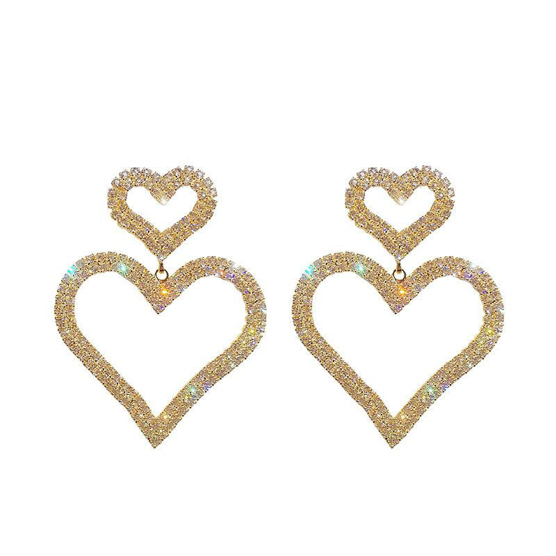 S925 Silver Needle Stud  Fashion Exaggerated Diamond Double Heart Earrings Temperament Versatile Long Peach Heart Earrings Women