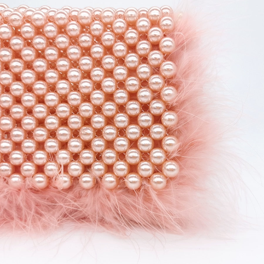 Faux Fur Pearl Evening Clutch Bag Women Handmade Pink Beaded Cover Dinner Party Purses Handbag Female Popular Cute Shoulder Bag