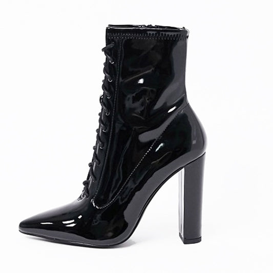 Black Patent Leather Pointed Toe Thick High Heel Short Boots Lace Up Side Zipper Large Ankle Boots Winter New Style